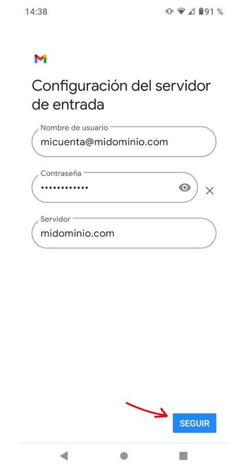 Configuración de cuenta, guardar webmail android